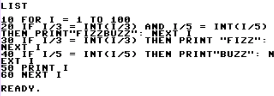 FizzBuzz written in Commodore 16 basic