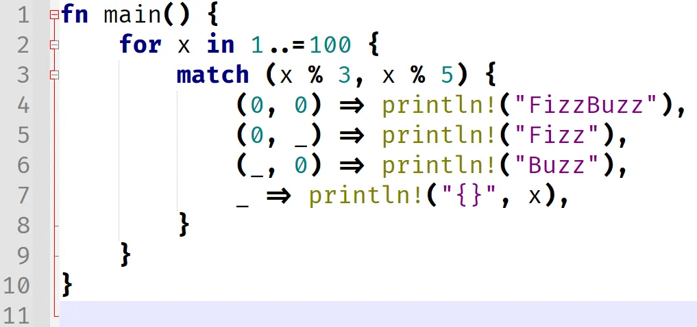 Fizzbuzz written in rust in the Fira Code font