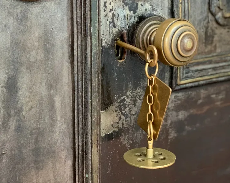 A key in the lock of a wooden door.