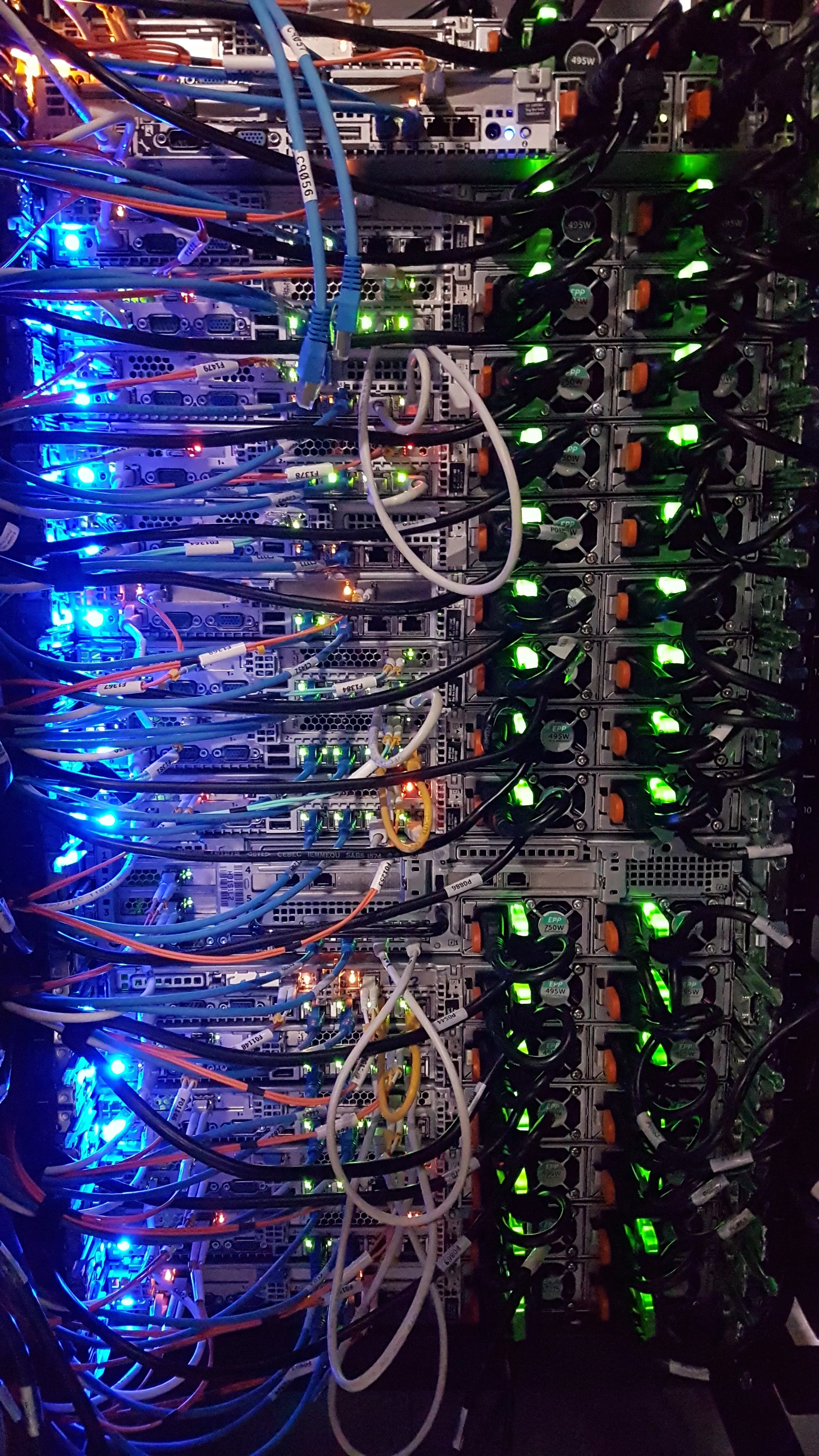 A datacentre rack with messy cabling